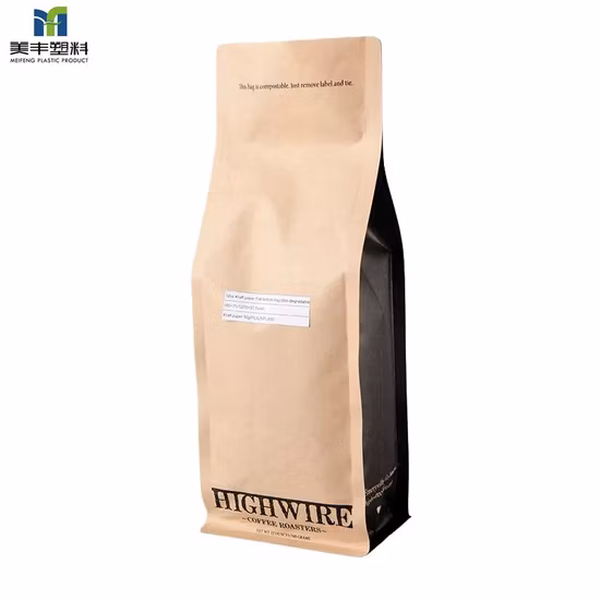 Wholesale Eco-Friendly Food Grade Coffee Tea Powder Nuts Snack Food Peanut Packaging Stand Flat Bottom Bag Biodegradable Brown Kraft Paper Bag with Zipper