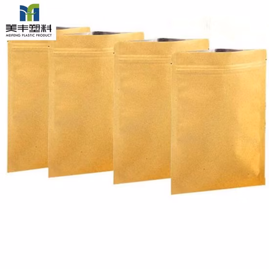 Comercio al por mayor Ecológico Grado Alimenticio Café Té Polvo Nueces Bocadillos Cacahuetes Soporte de embalaje Bolsa de fondo plano Bolsa de papel Kraft marrón biodegradable con cremallera