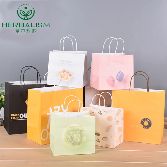 Logotipo extra grueso impreso con asa Bolsa de papel Kraft marrón para alimentos más fuerte Precio para envasado de alimentos/Regalo/Compras/Personalizado